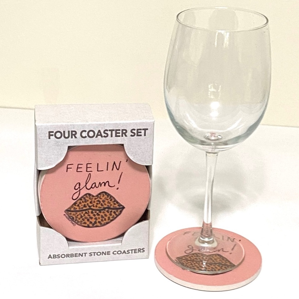 FEELING GLAM Absorbent Stone  Coasters 4 Pack Blush Pink Animal Print Lips Gift